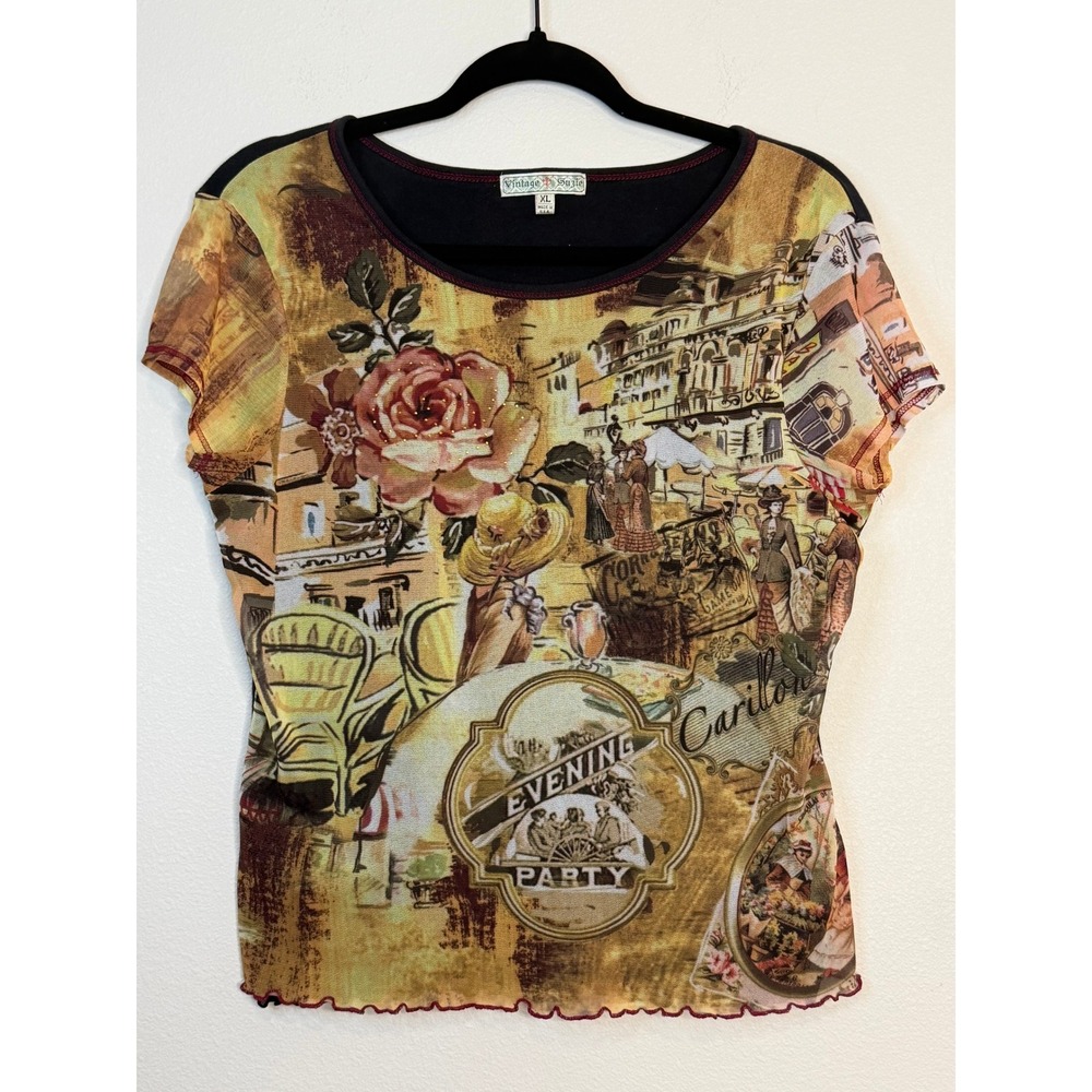Vintage Suzie Women's XL Mesh Overlay Cafe Print Top Lettuce Edge Made in USA